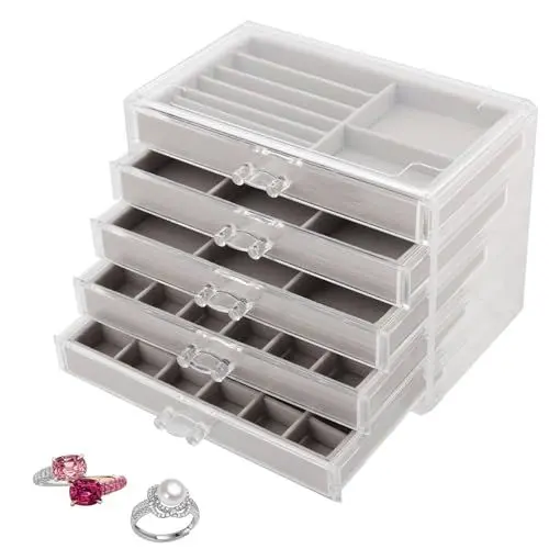 Produktbild: NAMYEUT Klarer Acryl Schmuckkasten mit 5 Schubladen, Transparent Verstellbarer Samt Schmuckaufbewahrung Organizer, Ohrringe Aufbewahrung Box zur Aufbewahrung von Ringen, Ohrringen, Halsketten