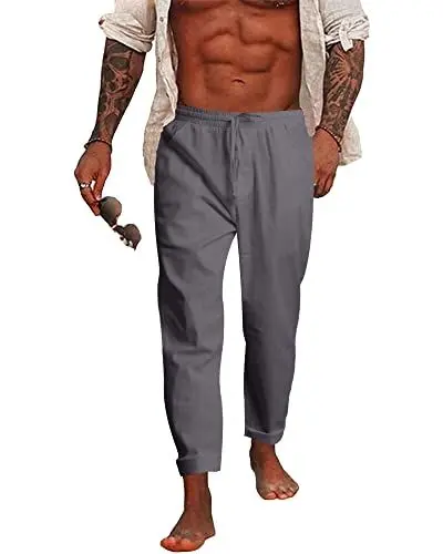 Produktbild: NANAMEEI Baumwolle Leinenhosen Herren Lang Leichte Strandhose Herren Loose Fit Leinenhosen Herren Leichte Sommerhose Freizeithose Herren Yoga Dunkelgrau L