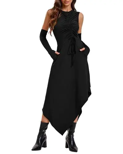 Produktbild: NANAMEEI Halloween Gothic Kostüm mit Kapuze Unregelmäßiger Saum Cocktailkleid Punk Kleid mit Mittelalte Ritter Kostüme Schwarz Rockabilly Kleider Damen