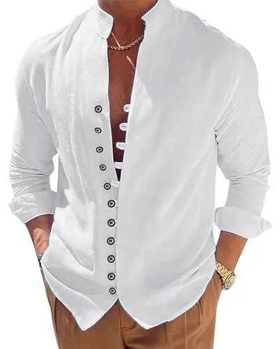 Produktbild: NANAMEEI Hemd Herren mit Stehkragen Baumwolle Leinenhemd Sommer Strand Hemd Herbst Freizeit Hemd Weiß L