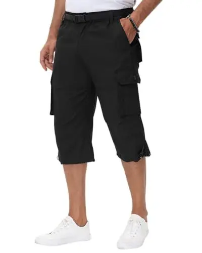 Produktbild: NANAMEEI Herren 3/4 Cargo Shorts Stretch Multi Taschen Radhose Wandern Baumwolle Shorts mit Gummibund,Schwarz,L