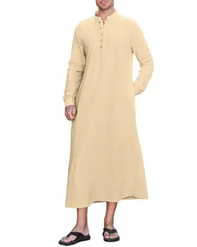 Produktbild: NANAMEEI Kaftan Herren Leinen Nachthemd Für Herren Abaya Herren Lange Ärmel Thobe Kaftan Herren Lang Kostüm Khaki XL