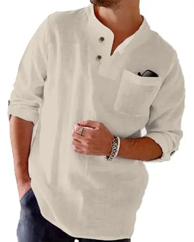 Produktbild: NANAMEEI Hemden Herren Sommer Langarm Freizeit Leinenhemd Herren Herren Henley Hemd Oversized Hemd Khaki 3XL