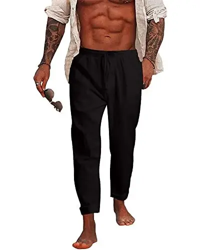 Produktbild: NANAMEEI Leinen Hosen Herren Lang Strandhose Herren Leichte Sommerhose Herren Loose Fit Casual Leinenhose Mann Regular Fit Schwarz L