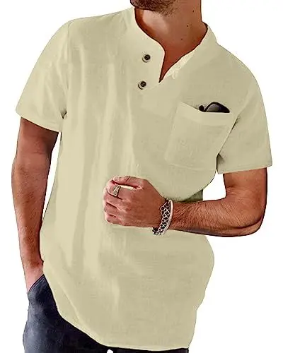 Produktbild: NANAMEEI Strandhemd Herren Kurzarm Leinenhemd Herren Kurzarm Männer Hemd Kurzarm Sommer Leinenhemd Herren Slim Fit Khaki L