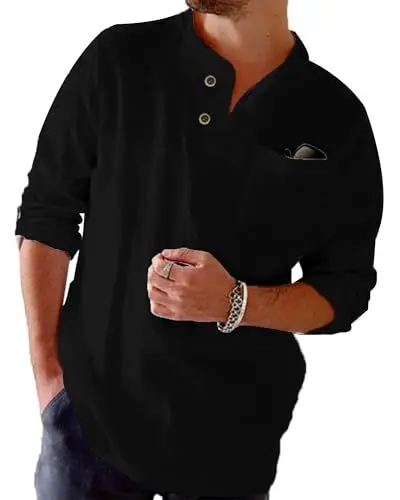 Produktbild: NANAMEEI Leinenhemd Herren Langarm Herren Henley Hemd Schwarzes Hemd Herren Freizeithemden Sommerhemd Herren Langarm M