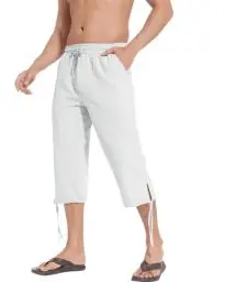 Produktbild: NANAMEEI Leinenhose Herren Kurz 3/4 Hose Herren mit Taschen Sommer Kurze Strandhose Haremshose Yoga Jogger Loose Fit Freizeithose für Männer Weiß-3XL