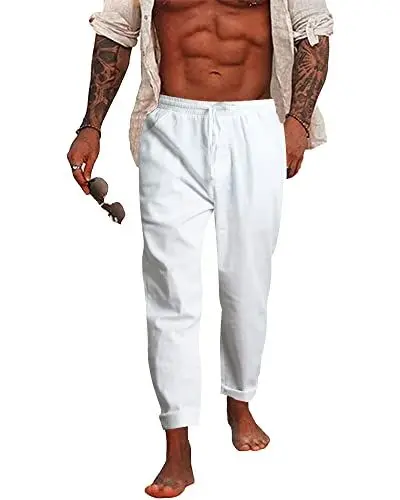 Produktbild: NANAMEEI Herren-Hose, Baumwolle, Leinen, Sommer, Strandhose, lässig, Yoga-Hose, Taille mit elastischem Kordelzug, weiß, 56