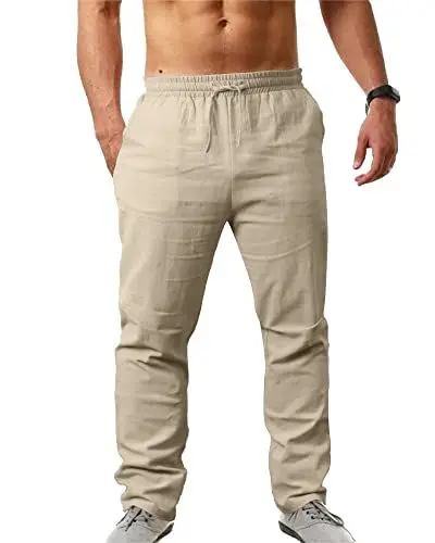 Produktbild: NANAMEEI Leinenhose Herren mit Kordelzug Leicht Sommerhose Strandhose Herren Hose Lang aus Baumwollmischung Einfarbig für Männer Stoffhose Khaki L