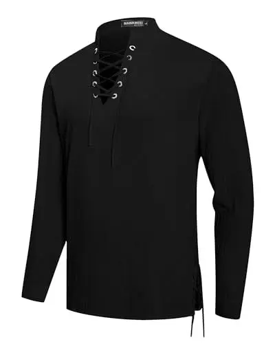 Produktbild: NANAMEEI Mitteralter Hemd Vintage Leinen Hemd Herren Langarm Jacobit Ghillie Kilt Shirt Schwarz M