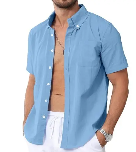 Produktbild: NANAMEEI Sommerhemd Herren Kurzarm Leinen Regular Fit Strandhemd Hellblau L