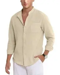 Produktbild: NANAMEEI Strandhemd Herren Stehkragenhemd Regular Fit Leichtes Leinenhemd Shirt Khaki XL