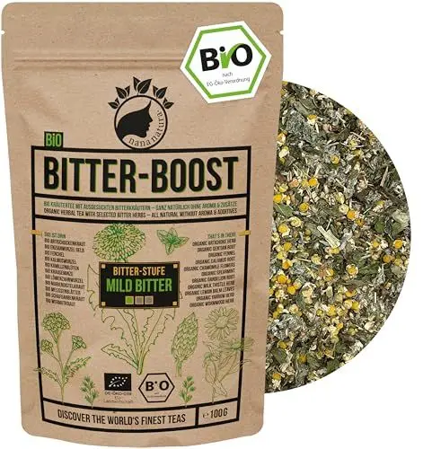 Produktbild: NanaNatura's BIO Bittertee BITTER-BOOST 100g (MILD BITTER) mit 11 Bio-Kräutern wie Wermut, Kalmuswurzel, Löwenzahn, Schafgarbe, Enzian, Mariendistelkraut uvm. | Bitterkräuter Tee