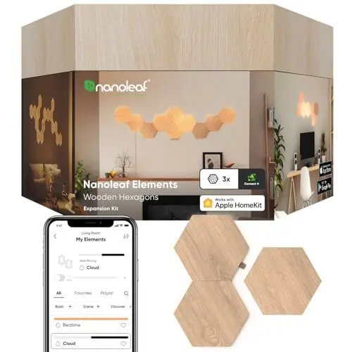 Produktbild: Nanoleaf Elements Hexagon Erweiterungspack, 3 zusätzliche LED Panels - Smarte Modulare & Dimmbare Holzoptik WLAN Wandleuchte Innen, Musik Sync, Funktioniert mit Alexa Google Apple, für Deko