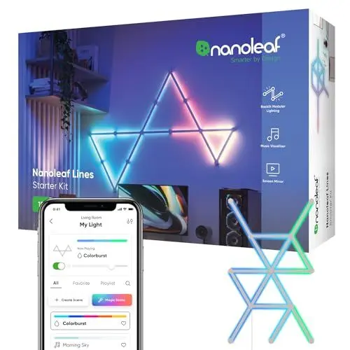 Produktbild: Nanoleaf Lines 60 Grad Starter Kit, 15 Smarten LED RGBW Lichtleisten - Modulare WLAN 16 Mio. Farben Wandleuchte Innen, Musik & Bildschirm Sync, Funktioniert mit Alexa Google Apple, für Deko & Gaming