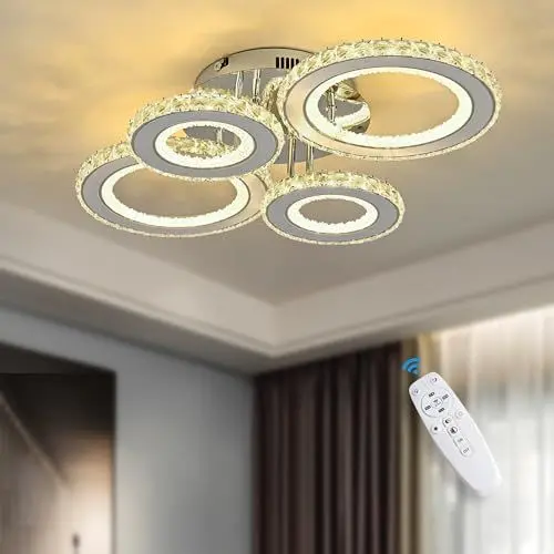 Produktbild: Naoeoon Led Deckenleuchte Kristall, Modern Deckenlampe Dimmbar mit Fernbedienung 4-Ring Deckenleuchten 70W Wohnzimmerlampe für Schlafzimmer,Küche,Flur,Lounge,Esszimmer,3000K-6500K