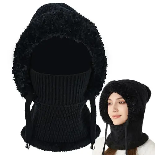 Produktbild: NAROSEBE Damen Sturmhaube Plüsch Strickmütze Winter Skimütze mit Schal Warme Schlupfmütze Balaclava Wintermütze Gesichtshaube Mütze Winddichte Skimaske mit Nackenwärmer für Winter Outdoor Sports