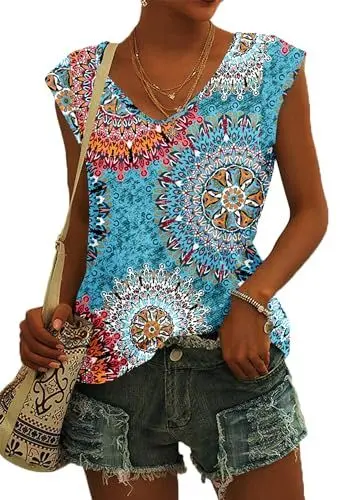 Produktbild: NARRAME Damen T-Shirt Sommer Blusen Kurzarm V Ausschnitt Tshirt Leicht Lässig Luftig Tank Top Blumenmuster Grün Groß L 42-44