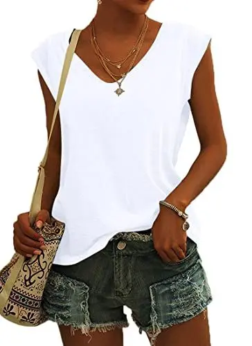 Produktbild: NARRAME Damen T-Shirt Sommer Blusen Kurzarm V Ausschnitt Tshirt Leicht Lässig Luftig Tank Top Einfarbig Weiß Groß L 42-44