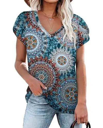 Produktbild: NARRAME Damen Tops V-Ausschnitt Blütenblatt Ärmel T-Shirt Sommer Kausal Tunika Blumenmuster Grün XX-Large 2XL 50-52
