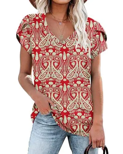 Produktbild: NARRAME T-Shirt für Damen Casual Blütenblatt Ärmel Sommer Tops Kurzarm Tuniken Paisley Boho Blumenmuster Rot X-Large XL 46-48