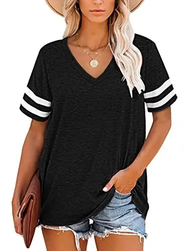 Produktbild: NARRAME T-Shirt für Damen Casual Sommer Tops Kurzarm Tuniken Einfarbig Schwarz X-Large XL 46-48