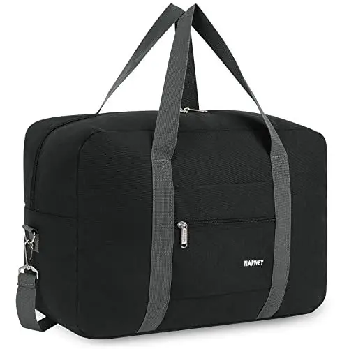 Produktbild: Narwey Handgepäck Tasche für Flugzeug 55x40x20cm/45x36x20cm Faltbare Reisetasche Overnight Weekend Damen Handgepäck Sporttasche Koffer 25L mit Schultergurt (Schwarz)