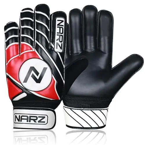 Produktbild: NARZ Fussball Torwarthandschuhe Kinder mit super Grip Latex mit stoßdämpfender Polsterung zum Schutz der Handflächen und Finger, Kinder-fußball Handschuhe für Jungen und Mädchen (4, rot)