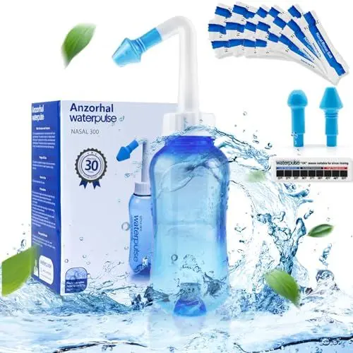 Produktbild: Nasendusche Set-Anzorhal Nasendusche Erwachsene 300ml mit 30 Beutel Nasendusche Salz und Thermometer-Aufkleber Nasenspülkanne Nasendusche Kinder Neti Pot zum Nasenreinigung und Nasenspülung(Hellblau)