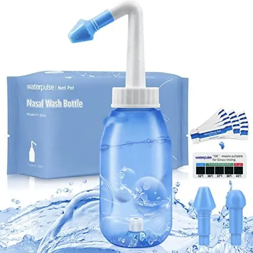 Produktbild: Nasendusche Waterpulse Nasendusche Erwachsene 300ml mit 30 Nasenwasch Salzpaketen und Thermometer-Aufkleber zum Nasenreinigung und Nasenspülung BPA-frei für Erwachsene&Kinder(Blau 300 ml)