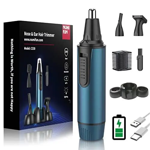 Produktbild: Nasenhaartrimmer Herren, 3 in 1 Professioneller Ohrhaarschneider und Nasenhaarentferner für Männer und Frauen, USB Wiederaufladbar, Dual Klingen, IPX7 Wasserdicht, Einfache Reinigung, Blau
