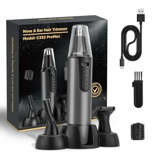 Produktbild: Nasenhaartrimmer Herren, 3 in 1 Professioneller Ohrhaarschneider und Nasenhaarentferner für Männer und Frauen, USB Wiederaufladbar, Dual Klingen, IPX7 Wasserdicht, Einfache Reinigung, Grau