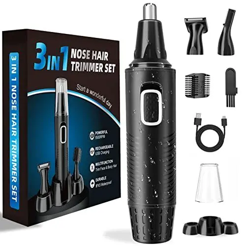 Produktbild: Nasenhaartrimmer, USB Wiederaufladbar Nasenhaarschneider 3 in 1 Set Ohrhaarschneider mit Doppelschneideklingen, Professioneller schmerzfreier Augenbrauen und esichtshaartrimmer für Männer und Frauen