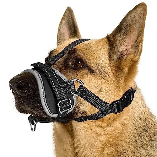 Produktbild: Nasjac Hundemaulkorb - Weicher Nylon-Maulkorb für kleine, mittelgroße Hunde - Verstellbare reflektierende Hundemaulabdeckung mit Verbindungsriemen verhindert Beißen, Bellen, Kauen