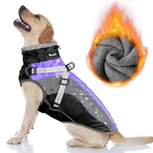 Produktbild: Nasjac Winter Hundemantel mit abnehmbarem Geschirr, wasserdichte Fleece warm hundejacke für kleine mittlere große Hunde, reflektierende einstellbare pelzige Hundekleidung Outdoor Hunter Weste