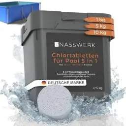 Produktbild: NASSWERK® Chlortabletten für Pool 200g (5kg) | Pooltabs Multitabs 5 in 1 mit Chlor, Algizid, pH Stabilisator, Flockungsmittel & Reiniger | Langzeit Multitabs Pool 200g | Pool Chlortabletten 5 in 1