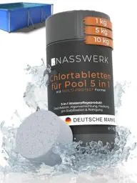 Produktbild: NASSWERK® Multitabs Pool 5 in 1 (1kg) | 200g Pooltabs Multitabs 5 in 1 mit Chlor, Algizid, pH Stabilisator, Flockungsmittel & Reiniger | Langzeit Chlortabletten für Pool 5 in 1 für sauberes Poolwasser