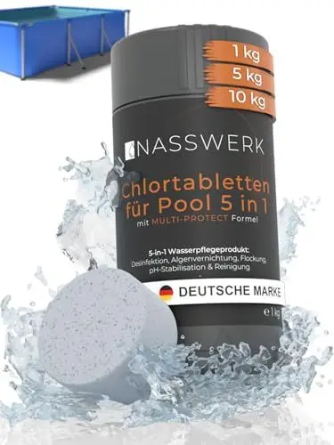 Produktbild: NASSWERK® Multitabs Pool 5 in 1 (1kg) | 200g Pooltabs Multitabs 5 in 1 mit Chlor, Algizid, pH Stabilisator, Flockungsmittel & Reiniger | Langzeit Chlortabletten für Pool 5 in 1 für sauberes Poolwasser