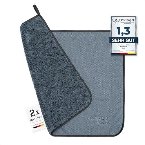 Produktbild: NATARO® 2 Stück Fast Dry it. Premium Trockentuch für Duschkabine, Auto, Haushalt, Camping – DAS ORIGINAL – extra saugfähiges Microfasertuch, fusselfrei, kratzfrei Shiny Wipes Tücher 40x50cm
