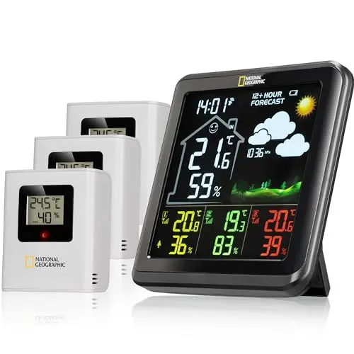 Produktbild: National Geographic 9070710 Wetterstation Funk mit Aussensensor VA Farb-Wetterstation mit 4 Messbereichen für Innen oder Außen, schwarz