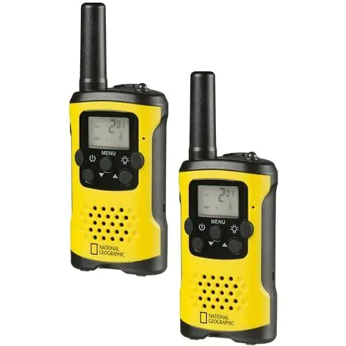 Produktbild: National Geographic Walkie-Talkie 2er-Set, kompakte Funkgeräte mit sehr hoher Reichweite bis zu 6 km, Frei-Hand-Funktion und integrierter Taschenlampe, Schwarz-Gelb, 9111450