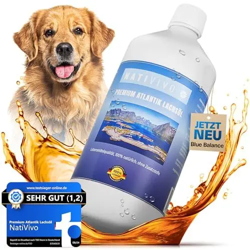 Produktbild: NatiVivo® Premium Atlantik Lachsöl 1000ml - Barföl aus den klaren Gewässern des Atlantiks - reich an Omega 3 & 6 Fettsäuren - hochdosiertes Fischöl für Hunde, Katzen & Pferde