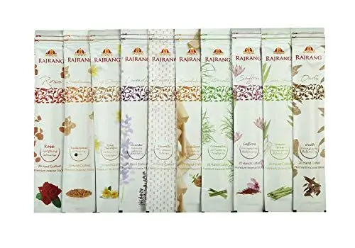 Produktbild: Natürlich duftende Räucherstäbchen Set mit 10 Geschmacksrichtungen Nag Champa Oudh Lieblingsrose Sandelholz Lavendel Weihrauch Zitronengras Zitronengras Safran