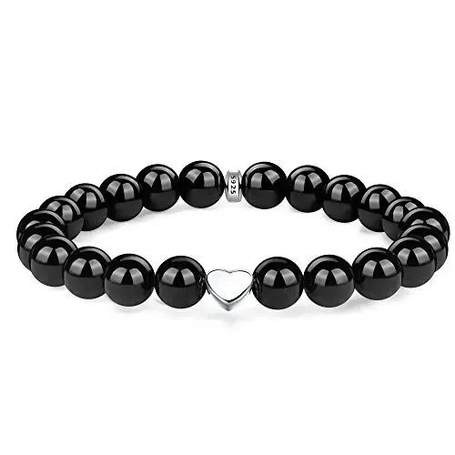 Produktbild: J.Endéar Natürliches Edelstein Armband Damen, 8mm Onyx Perlen, Armband mit Herz, 925 Sterling Silber Herz Charme, Geschenk für Frauen
