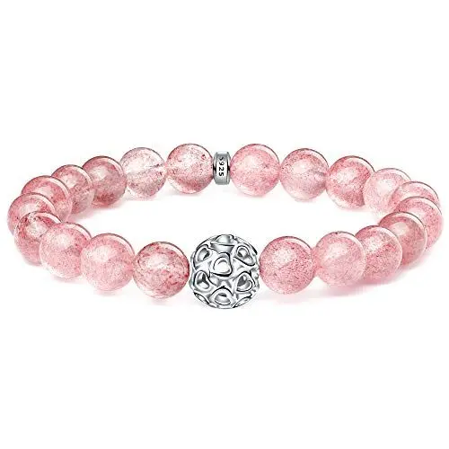 Produktbild: J.Endéar Natürliche Edelstein Armband Damen, 8mm Armband Perlen, Armband Herz mit 925 Sterling Silber Herz Charme, Geschenk für Frauen