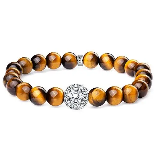 Produktbild: J.Endéar Natürliche Edelstein Armband Damen, 8mm Armband Tigerauge Perlen, Herz Armband mit 925 Sterling Silber Herz Charme, Geschenk für Frauen