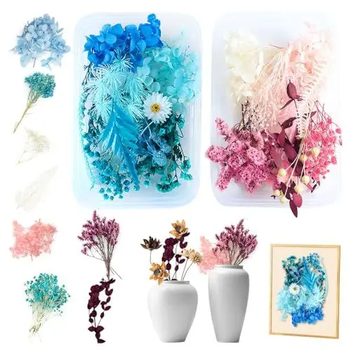 Produktbild: Trockenblumen, Natürliche Getrocknete Blumen, Echte Getrocknete Gepresste Blumen, DIY Natürliche Getrocknet Blumen Set, Klein Trockenblumen Set, für Kunst DIY Scrapbooking Handwerk Karten (Rosa+Blau)