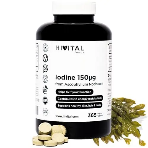 Produktbild: Natürliches Jod 150 mcg. 365 vegane Tabletten für 1 Jahr. Jod aus Bio-Algen, Bio-Kelp-Algen (BIO) Ascophyllum Nodosum. Hergestellt von HIVITAL