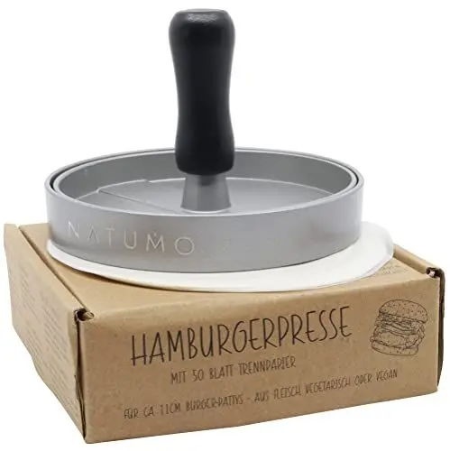 Produktbild: NATUMO Burgerpresse Set aus Hamburgerpresse und Burger Papier (50x Trennpapier), Burger Maker aus Aluguss (Ø 11cm, 200g), Profi Burger Pattie Presse mit Antihaftbeschichtung (Silber)