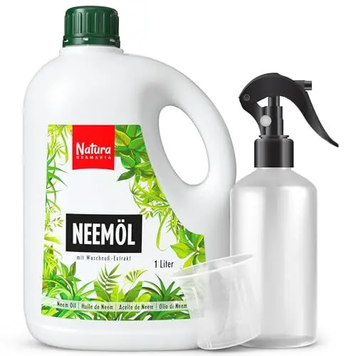 Produktbild: Natura Germania® Neemöl 1000ml mit Waschnußextrakt mit Sprühflasche und Messbecher - Ergibt 100 LITER sprühfertige Lösung - Neem Spray zur natürlichen Pflanzenpflege für Zimmerpflanzen/Gartenpflanzen